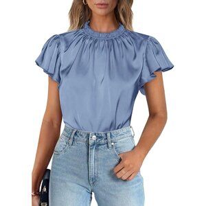 Womens Blue Summer Polyester Satin Casual Ruffle Short Sleeve Crewneck Tops